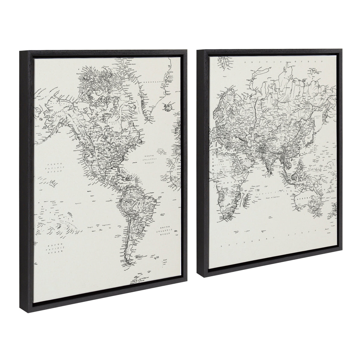 Sylvie Vintage Black and White World Map Framed Canvas Set of 2 by The Creative Bunch Studio