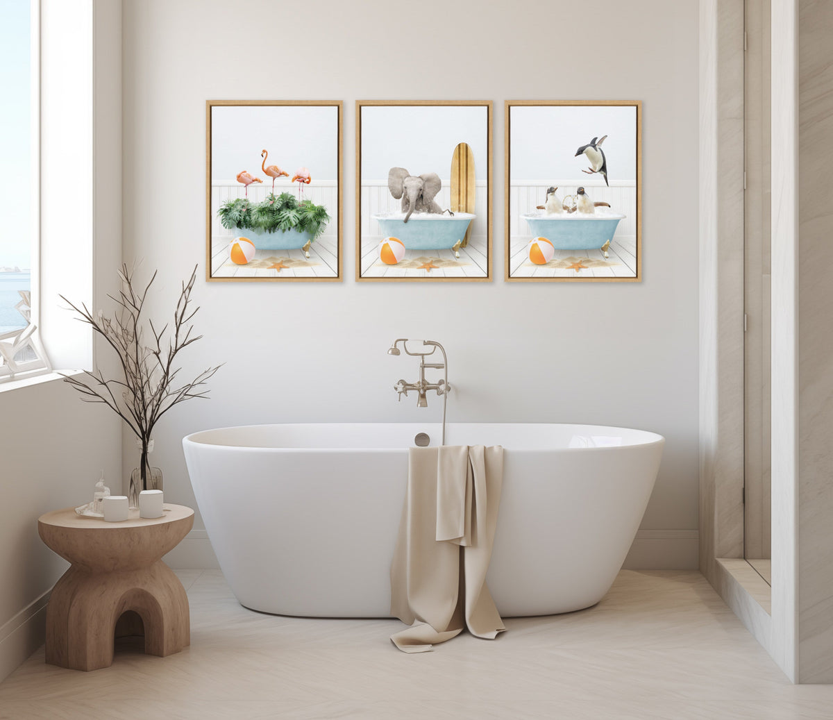 Sylvie Three Penguins Beach House Bath Framed Canvas by Amy Peterson