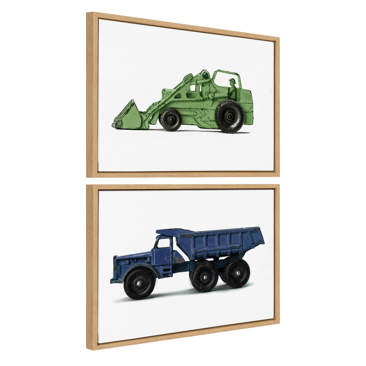 Sylvie Vintage Toy Tractor Green and Vintage Toy Dump Truck Blue Framed Canvas Art Set of 2 by Saint and Sailor Studios