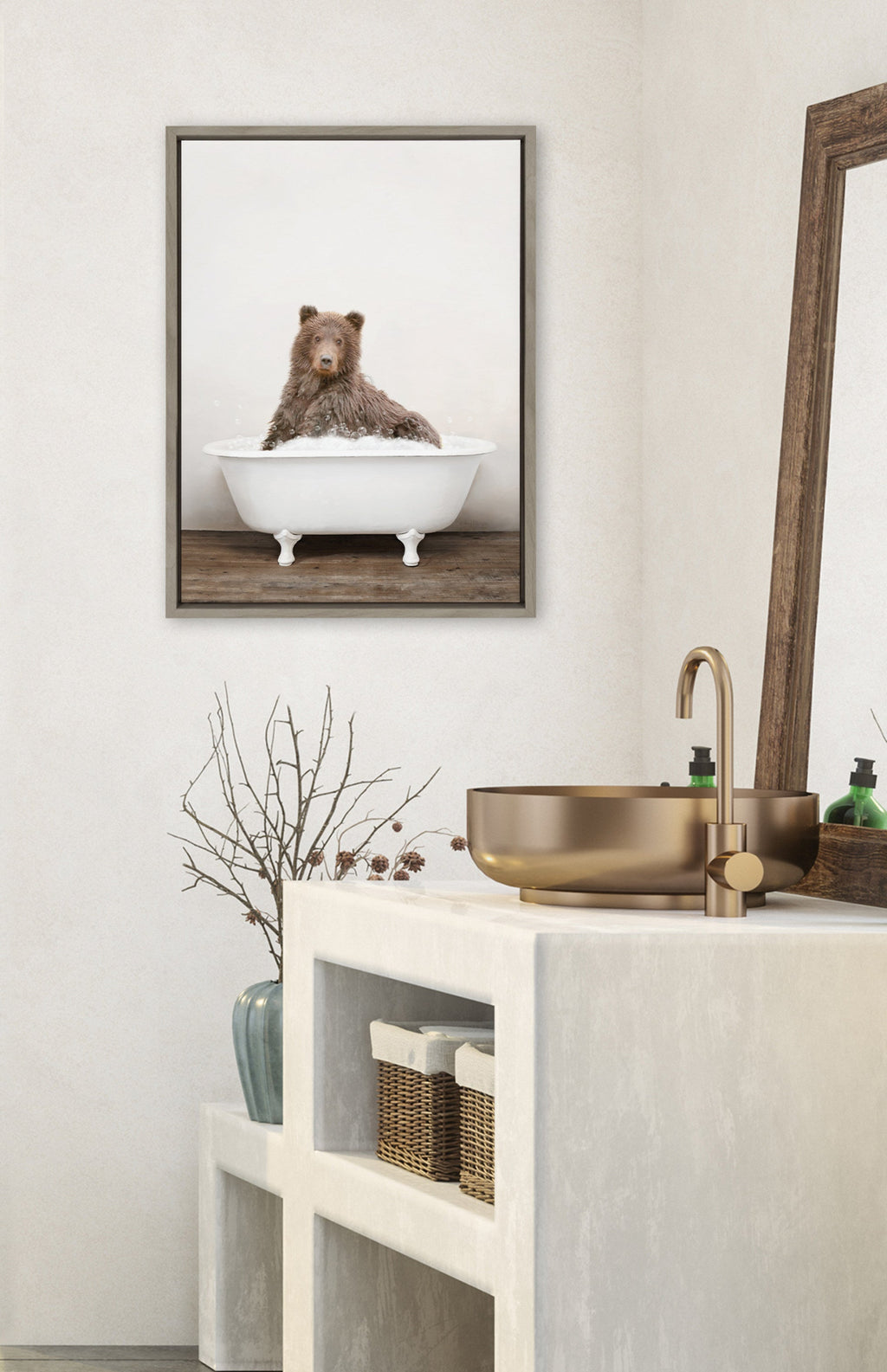 Sylvie Bear Rustic Bubble Bath Framed Canvas by Amy Peterson Art Studio
