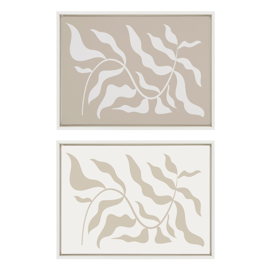 Sylvie Modern Matisse Inspired Botanical White on Beige and Beige on White Framed Canvas Set of 2 by The Creative Bunch Studio