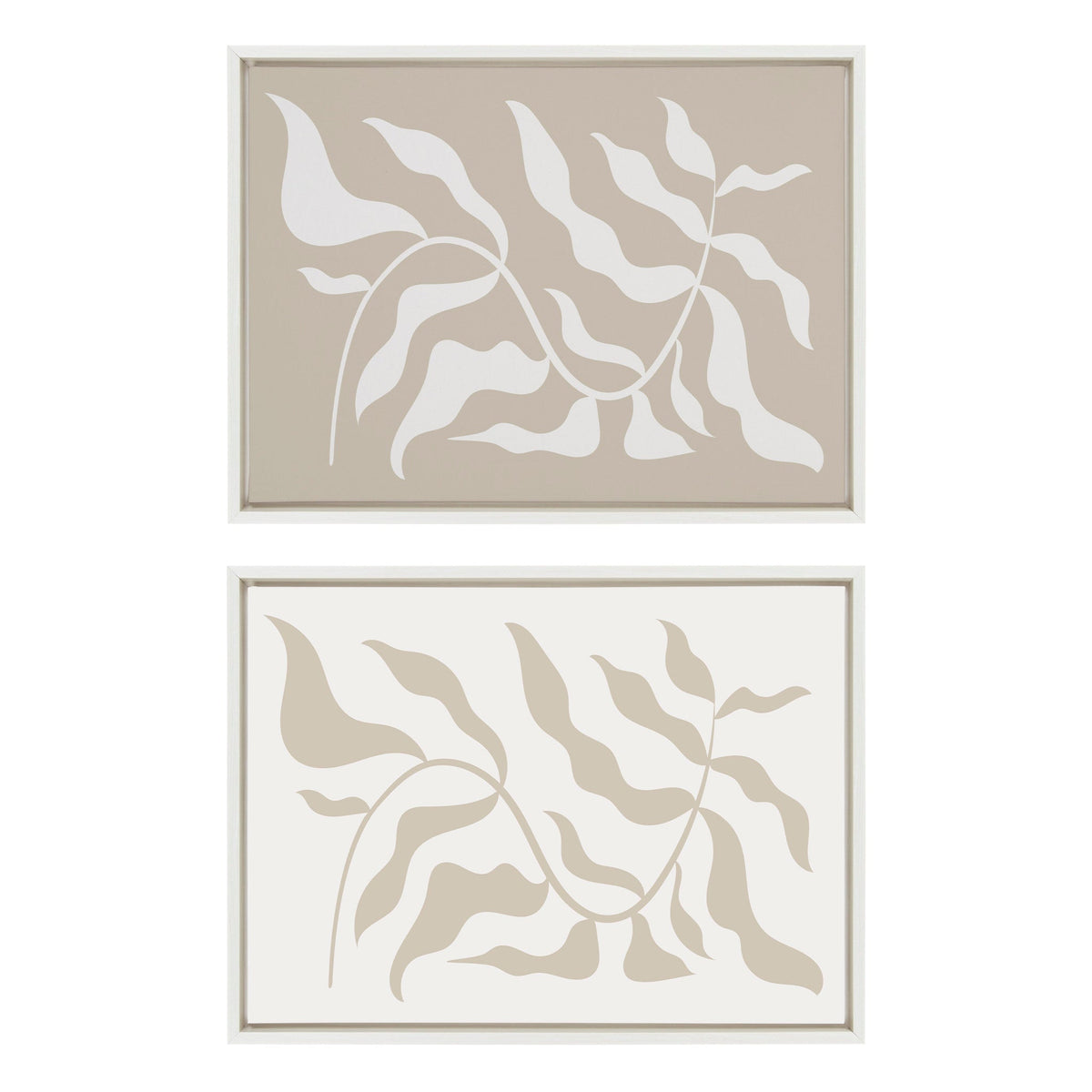 Sylvie Modern Matisse Inspired Botanical White on Beige and Beige on White Framed Canvas Set of 2 by The Creative Bunch Studio