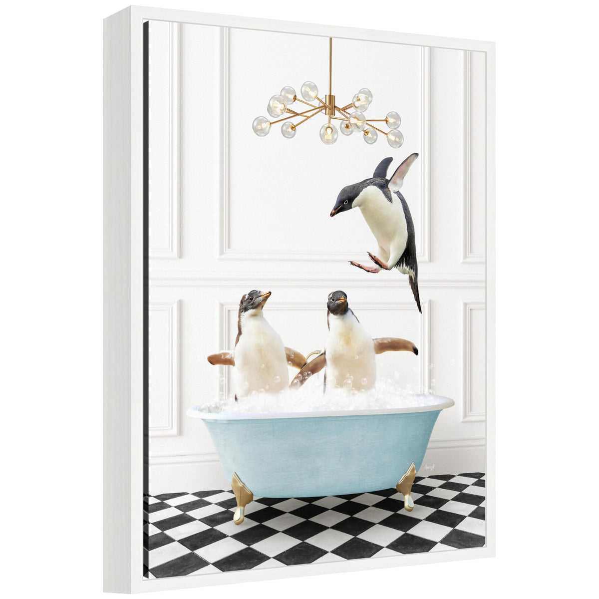 Sylvie Penguins in Blue Bathtub on Checker Floor Framed Canvas by Amy Peterson