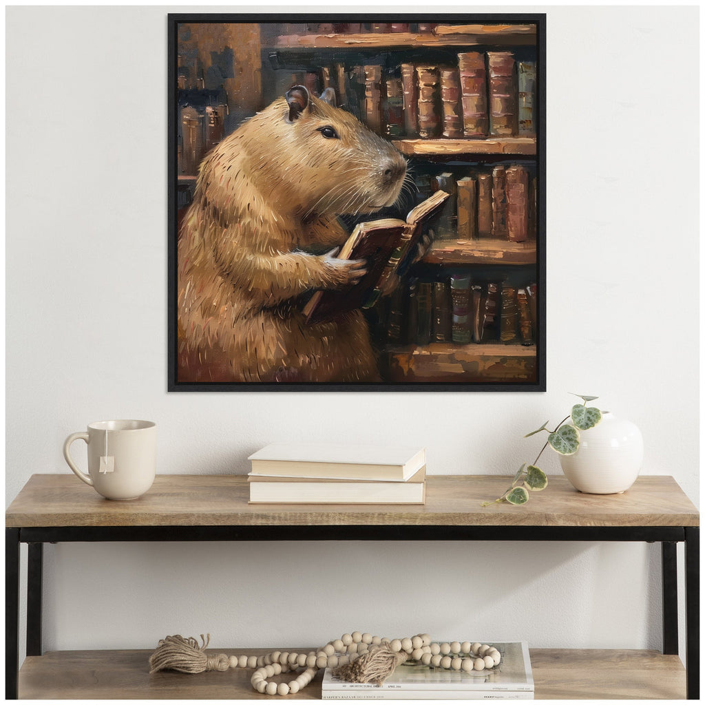 Sylvie Colorful Traditional Capybara Reading in Library Framed Canvas by The Creative Bunch Studio