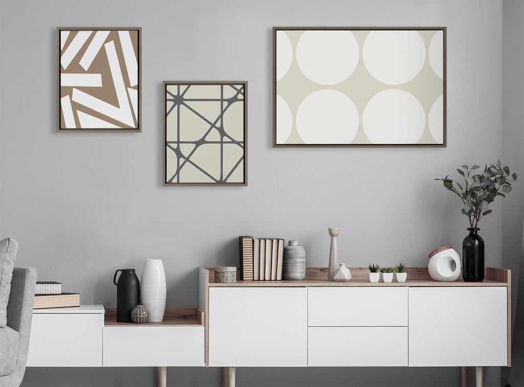 Sylvie Elevated Modern Neutral Dots, Neutral Pattern No 2 and Neutral Stained Glass Framed Canvas Set of 3 by The Creative Bunch Studio