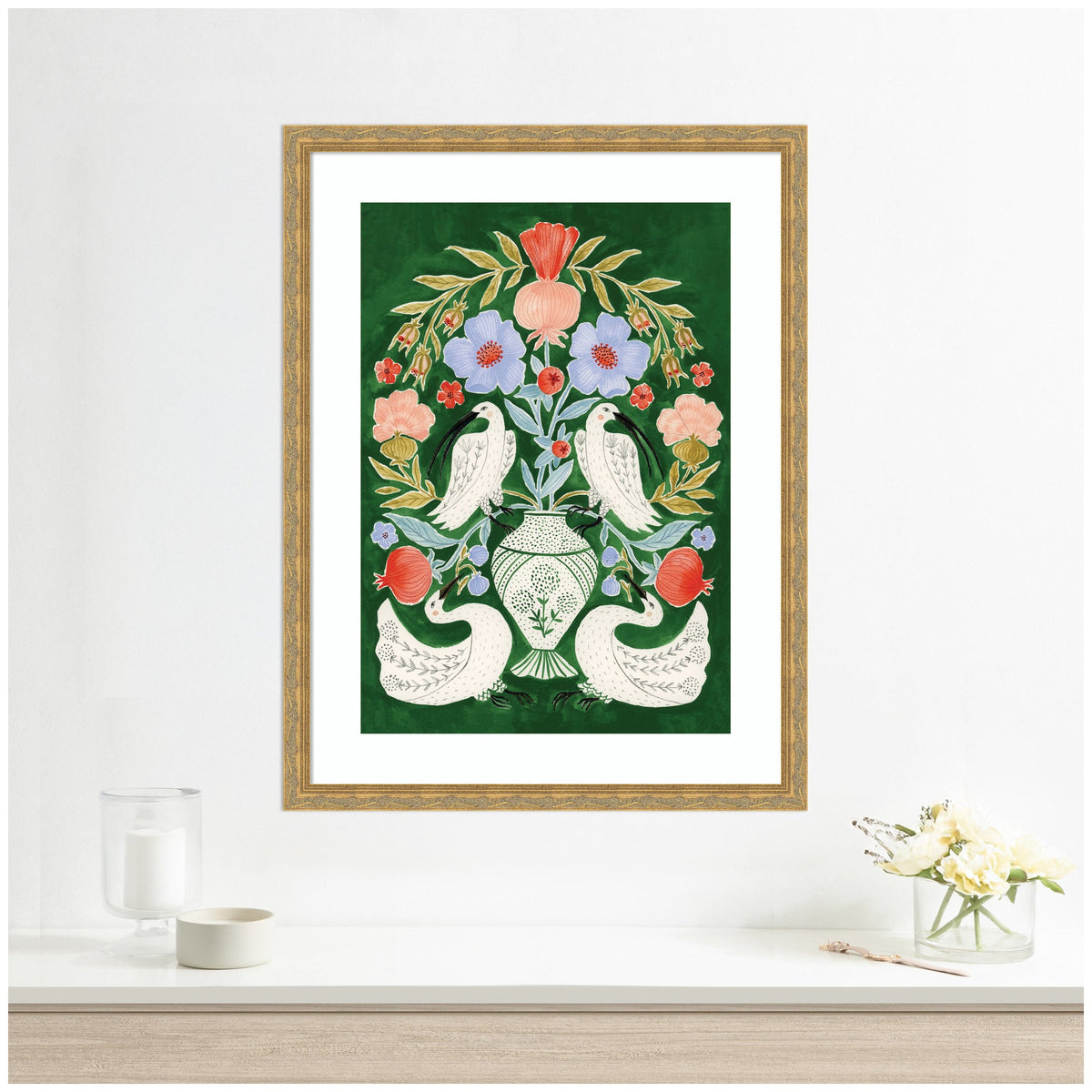 Floral Folklore Ibises and Swan by Jill Labieniec Framed Wall Art Print