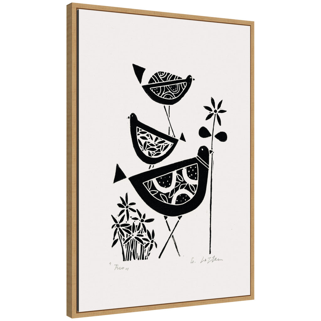 Sylvie Folk Bird Family Trio Linocut Framed Canvas by Giuliana Lazzerini