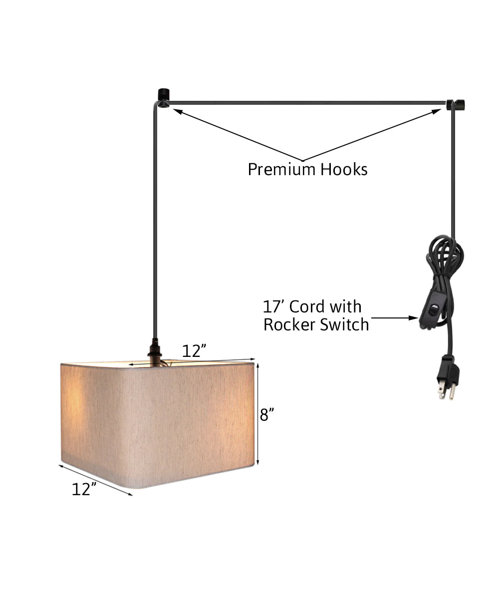 Home Concept 2-Light Plug-In Swag Pendant Light 12"w Rounded Corner Square Oatmeal Drum Shade with Diffuser, Black Cord