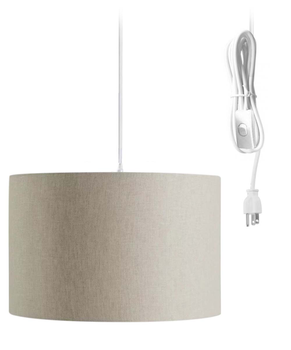 Home Concept 1-Light Plug-In Swag Pendant Light 16"w Light Oatmeal Linen Drum Shade, 17' White Cord