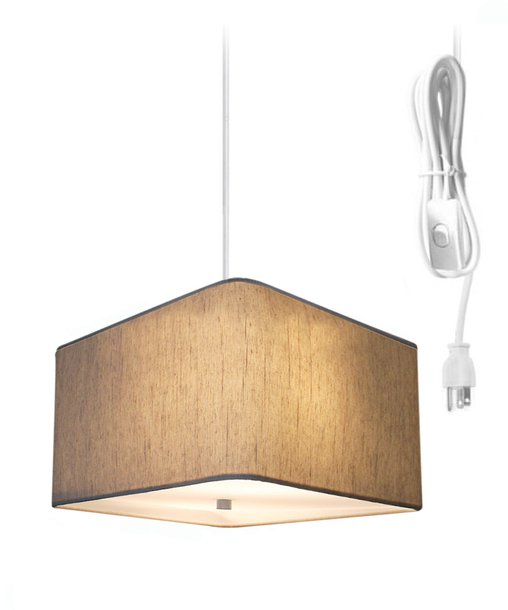 Home Concept 2-Light Plug-In Swag Pendant Light 12"w Rounded Corner Square Oatmeal Drum Shade with Diffuser, White Cord
