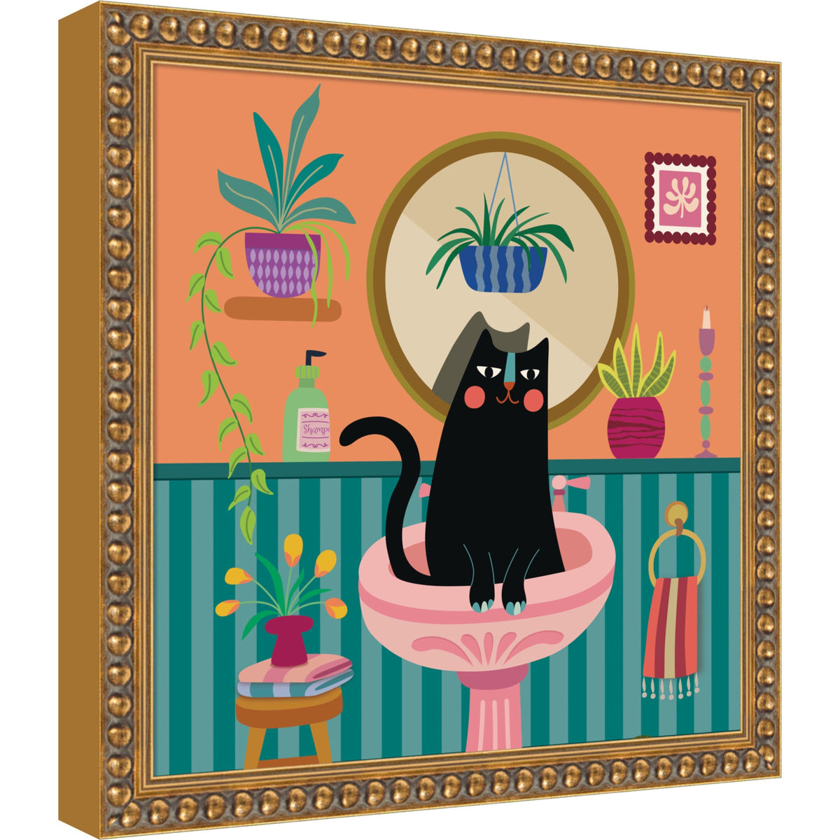 Black Cat Bathroom by Rachel Lee 3 Birdies Studio Framed Mounted Canvas Wall Art Print