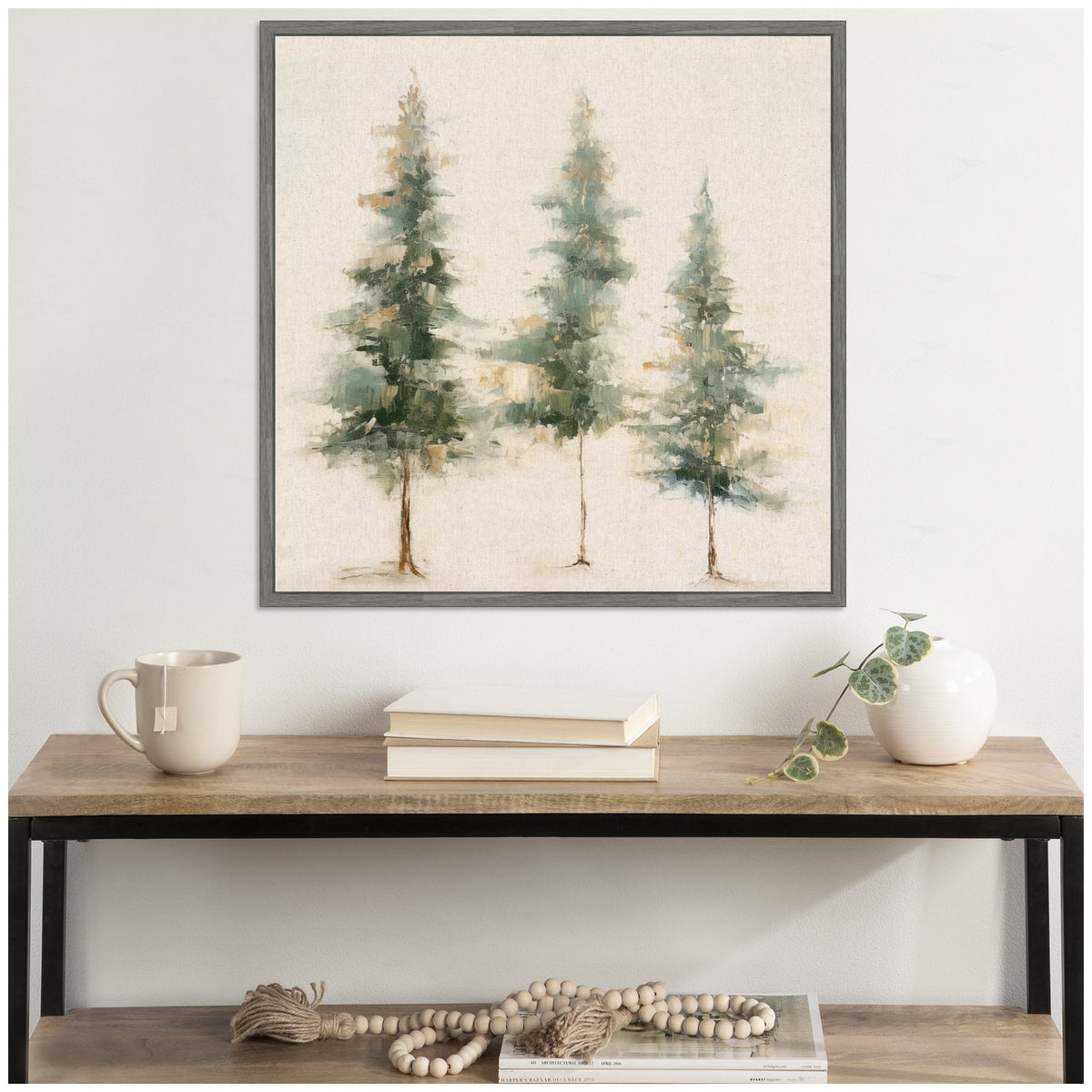 Sylvie Abstract Forest Evergreen Trees on Neutral Linen Framed Canvas by The Creative Bunch Studio