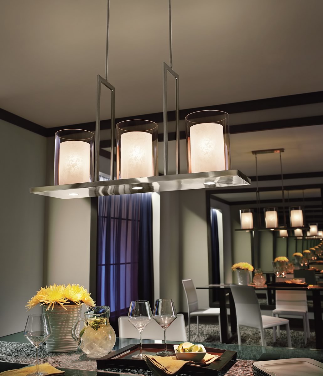 Kichler Triad 40"W 6-Light Classic Pewter Finish Clear Glass White Vetro Mica Shades Linear Chandelier