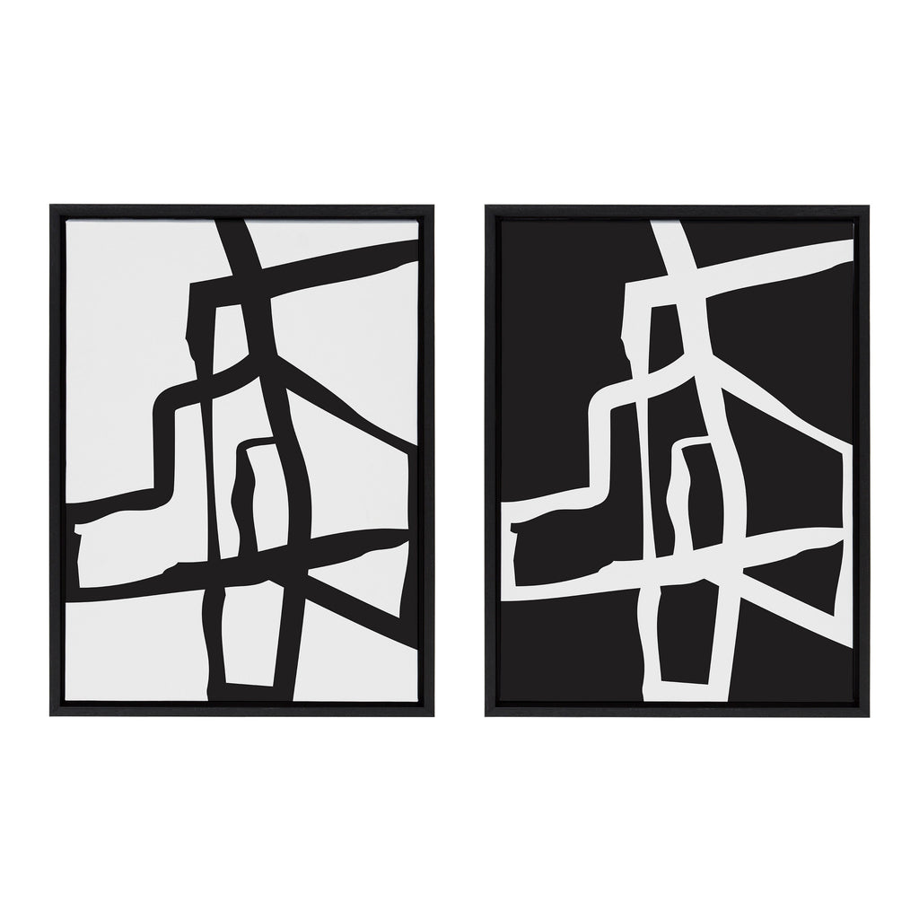 Sylvie Bold Sophisticated Abstract Black and White Stroke Framed Canvas Art Set of 2 by The Creative Bunch Studio