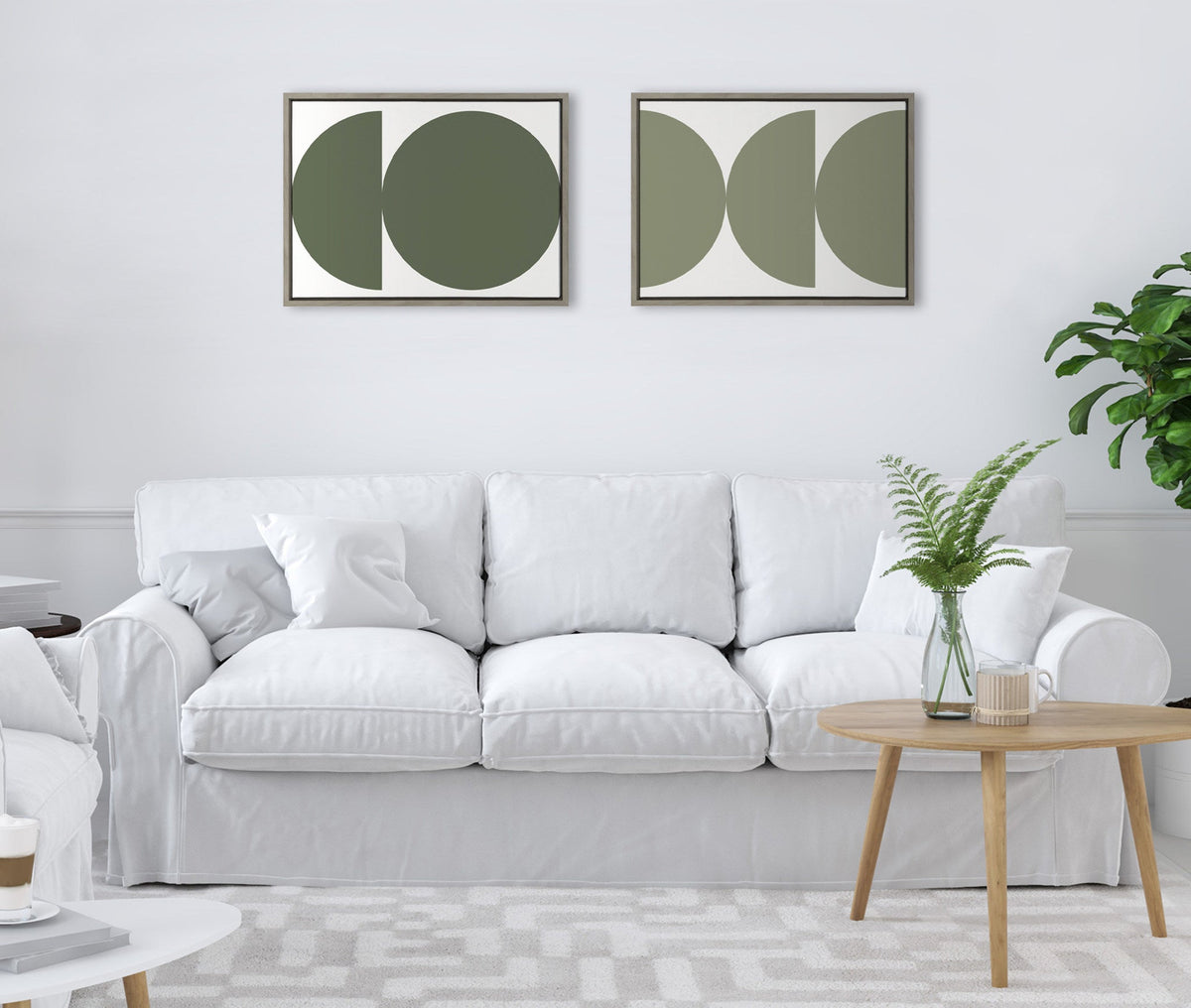 Sylvie Earthy Boho Geometric 1 Olive Green and Earthy Boho Geometric 2 Sage Green Framed Canvas Set of 2 by The Creative Bunch Studio