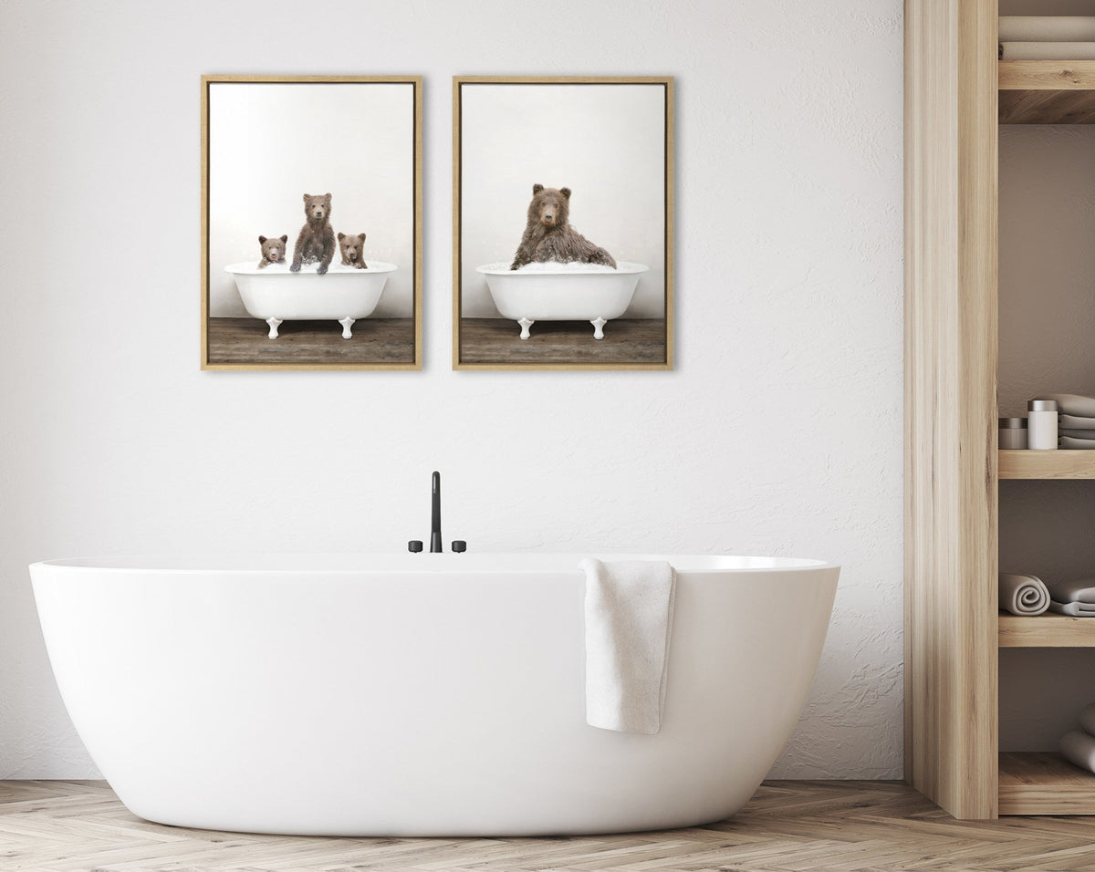 Sylvie Three Bears Rustic Bubble Bath and Bear Rustic Bubble Bath Framed Canvas Set of 2 by Amy Peterson Art Studio
