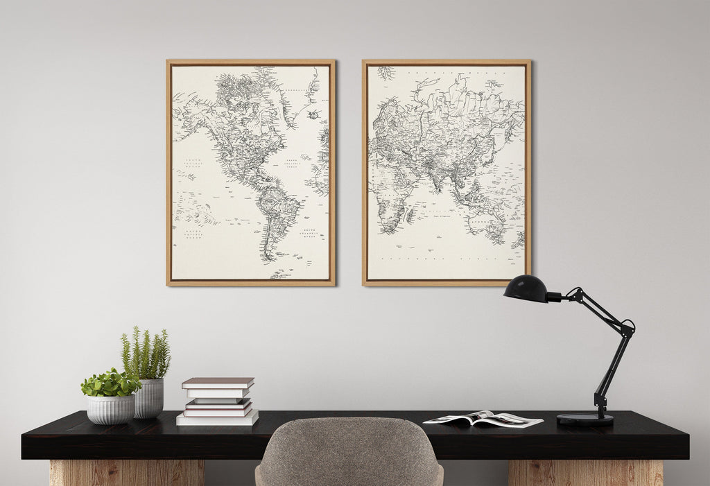 Sylvie Vintage Black and White World Map Framed Canvas Set of 2 by The Creative Bunch Studio