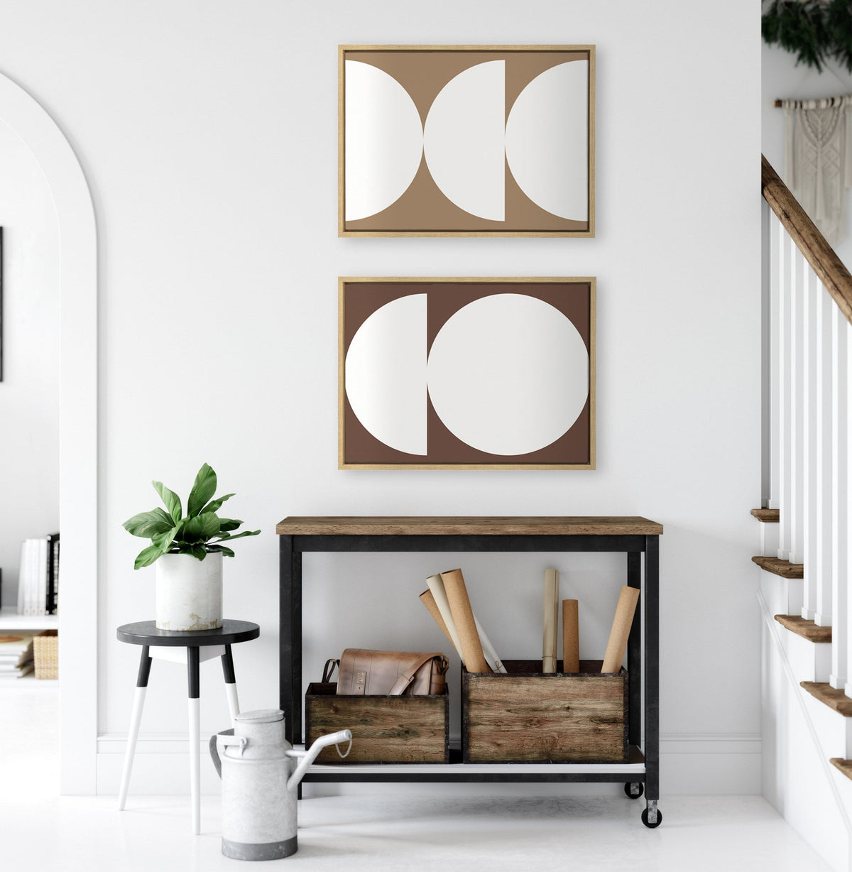 Sylvie Earthy Boho Geometric 1 Brown and Earthy Boho Geometric 2 Terra Cotta Framed Canvas Set of 2 by The Creative Bunch Studio