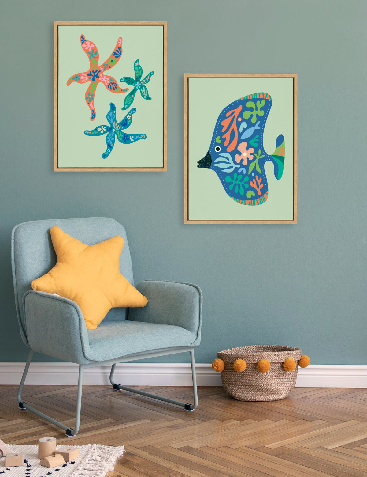 Sylvie Modern Colorful Starfish and Modern Colorful Tropical Fish Framed Canvas Art Set of 2 by Rachel Lee