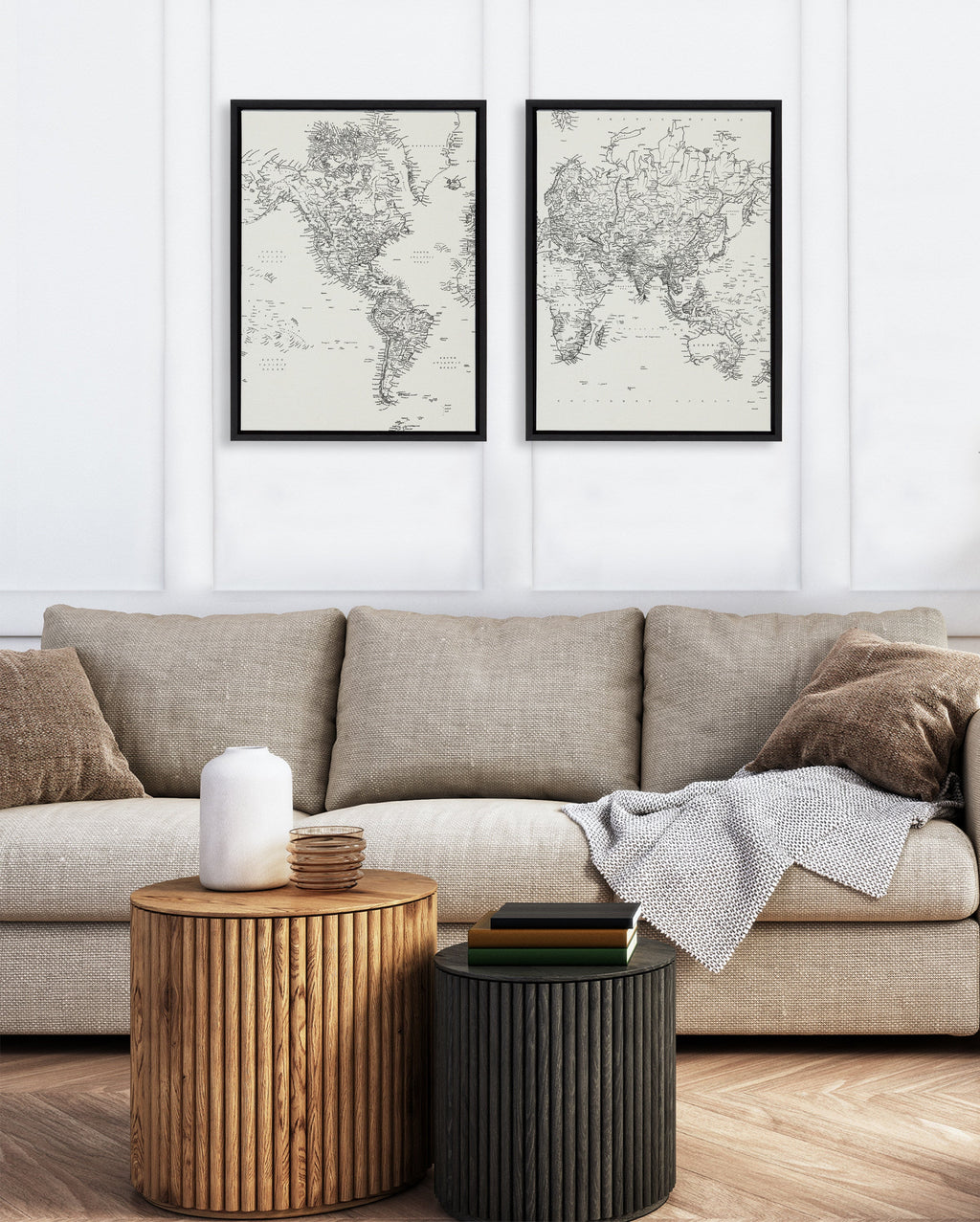 Sylvie Vintage Black and White World Map Framed Canvas Set of 2 by The Creative Bunch Studio