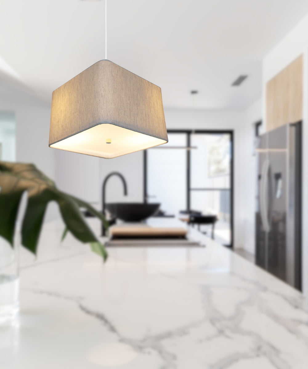 Home Concept 2-Light Pendant Light Rounded Corner Square Oatmeal Drum Shade with Diffuser, White Cord - 12" W