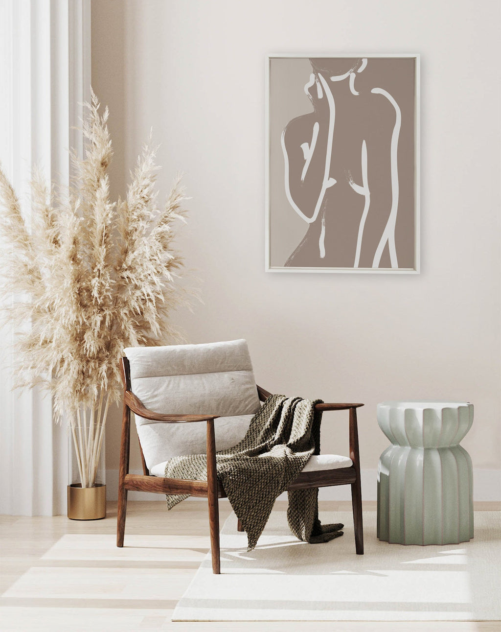 Sylvie Simple Romantic Line Art Drawing Neutral Framed Canvas by The Creative Bunch Studio
