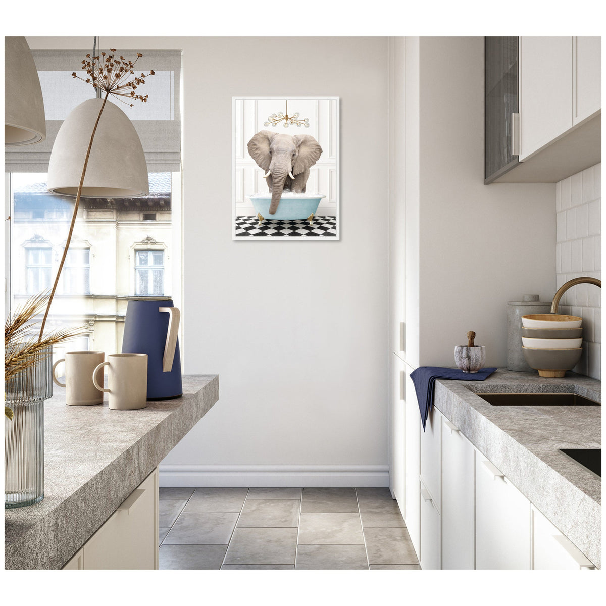 Sylvie Elephant Front in Blue Bathtub on Checker Floor Framed Canvas by Amy Peterson