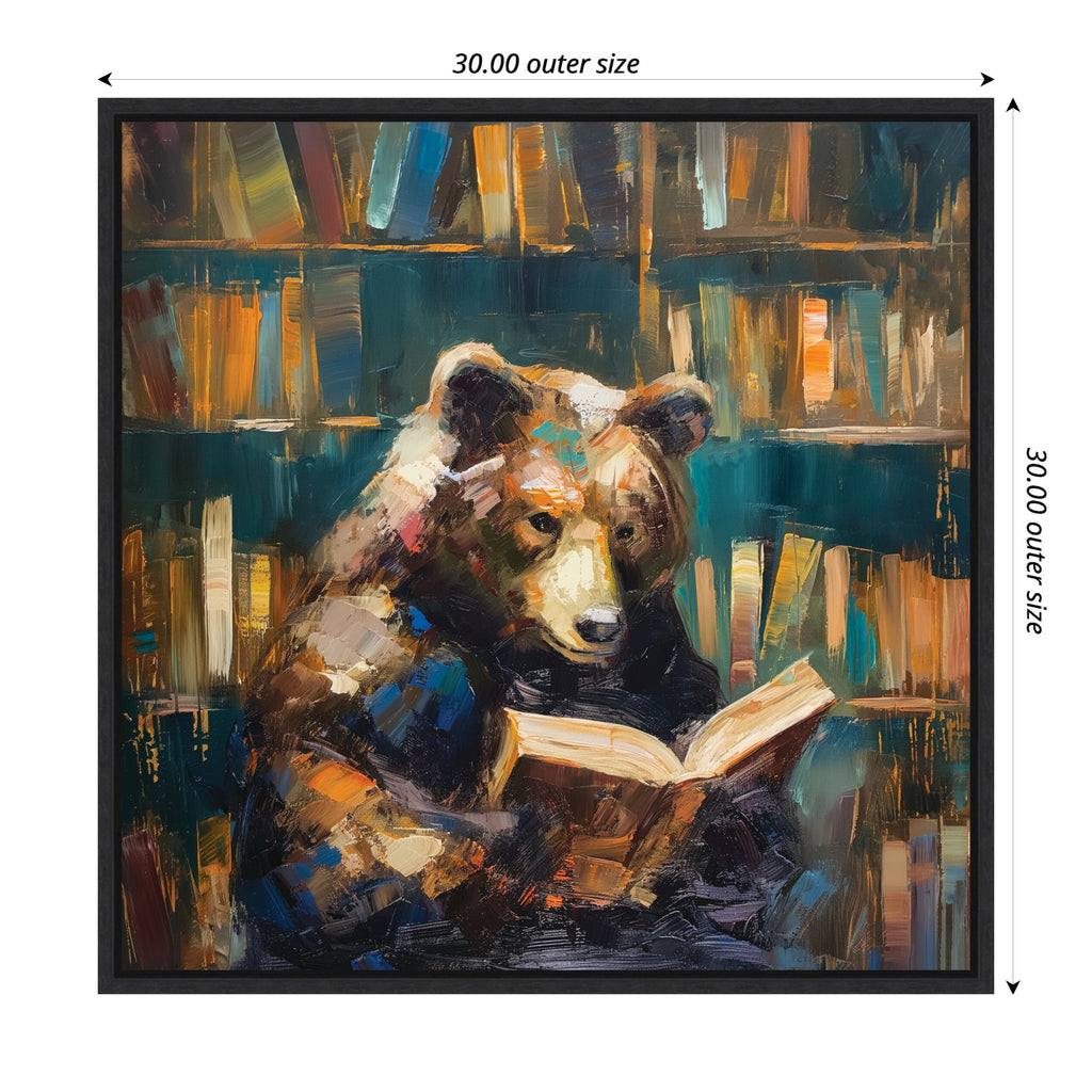 Sylvie Traditional Bear Reading in Library Framed Canvas by The Creative Bunch Studio