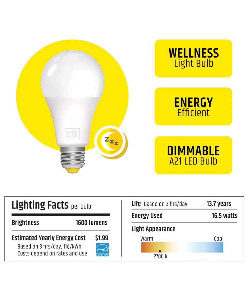 Brilli Wind Down A21 Dimmable LED Light Bulbs, 100W Equivalent, 2700K, 6-Pack