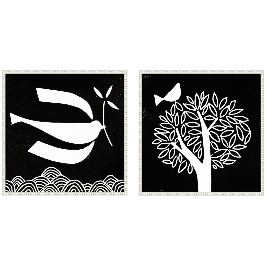Sylvie Beaded Black and White Linocut Birds Framed Canvas Art Set by Giuliana Lazzerini