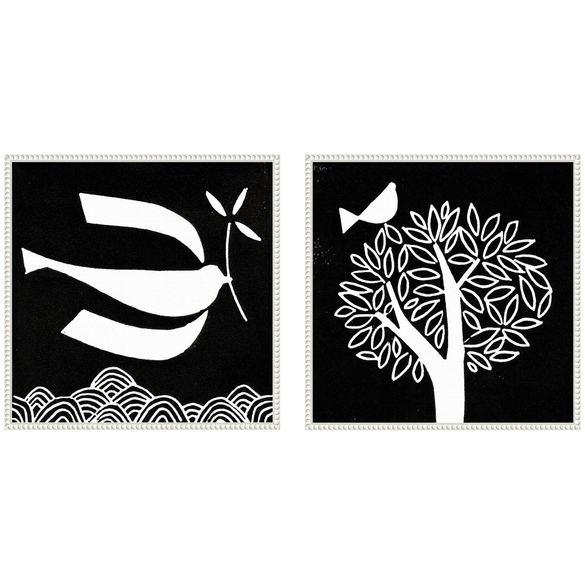 Sylvie Beaded Black and White Linocut Birds Framed Canvas Art Set by Giuliana Lazzerini