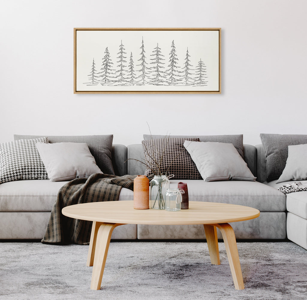 Sylvie Minimalist Evergreen Trees Sketch Framed Canvas by The Creative Bunch Studio