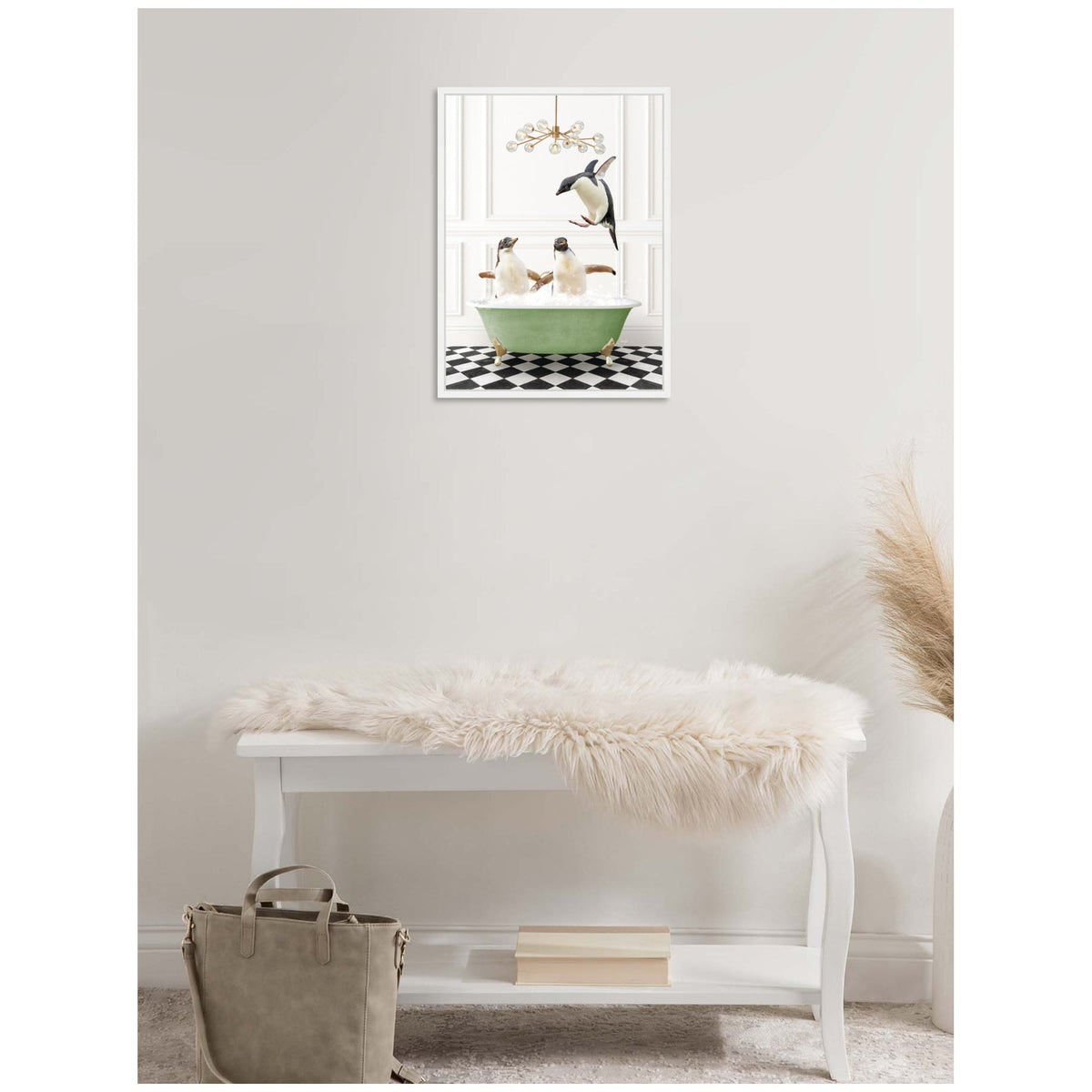 Sylvie Penguins in Green Bathtub Checker Floor Framed Canvas by Amy Peterson