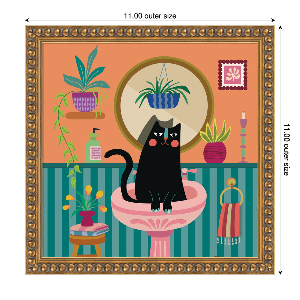 Black Cat Bathroom by Rachel Lee 3 Birdies Studio Framed Mounted Canvas Wall Art Print