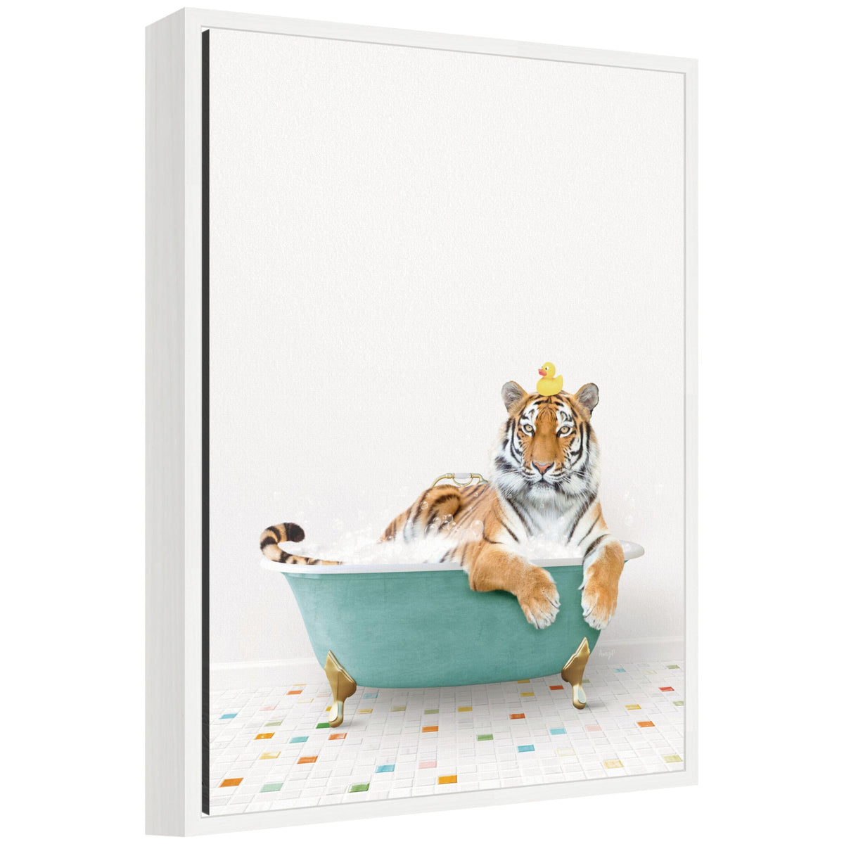 Sylvie Tiger in Teal Bathtub on Colored Tile Framed Canvas by Amy Peterson