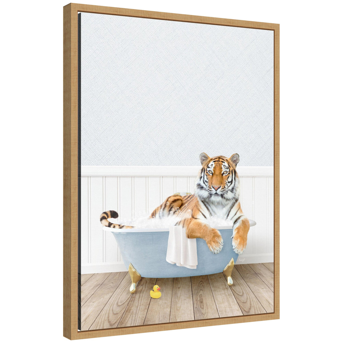 Sylvie Tiger in Cottage Blue Bathtub Framed Canvas by Amy Peterson