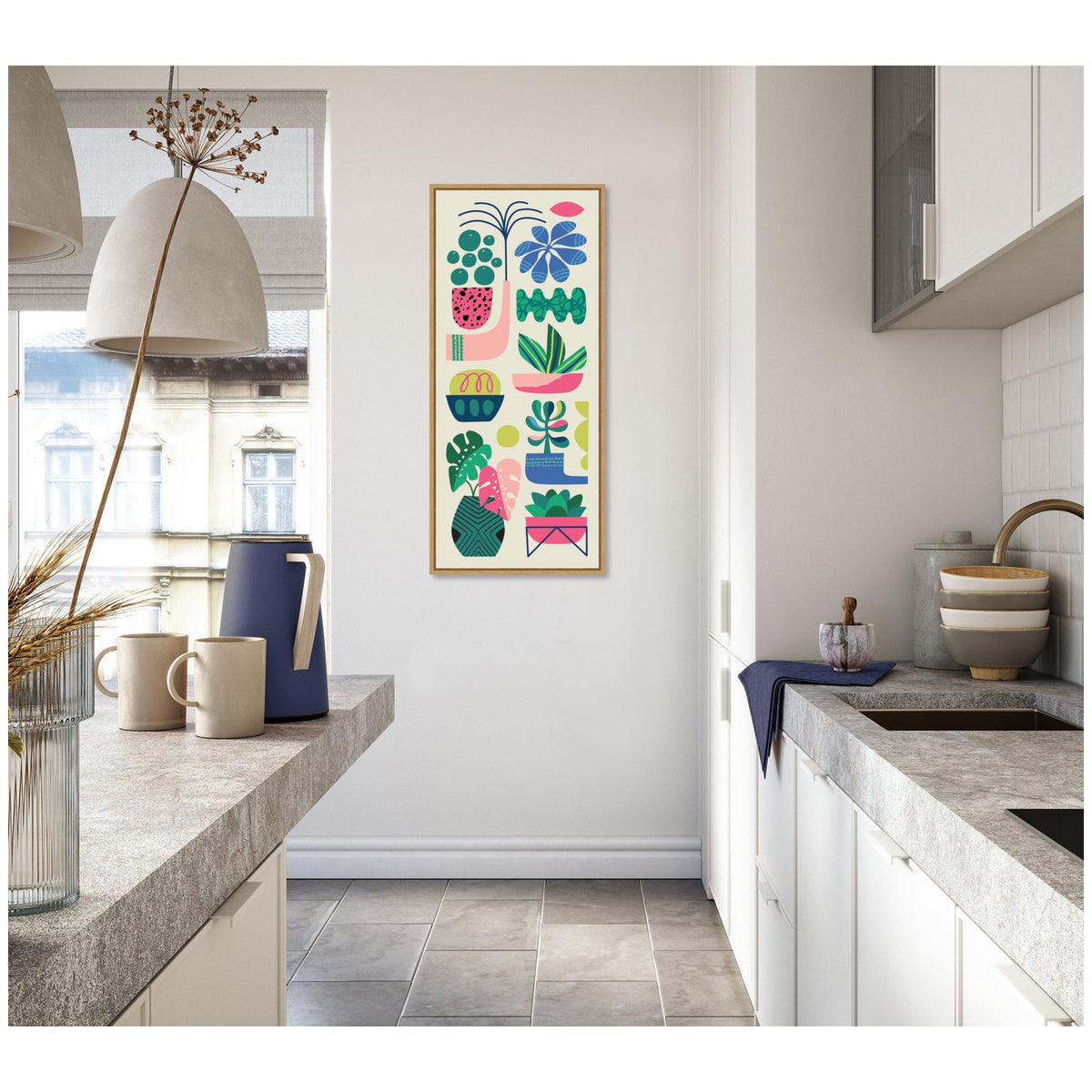 Sylvie Retro Bright Floral and Succulent Tall Narrow Framed Canvas by Rachel Lee
