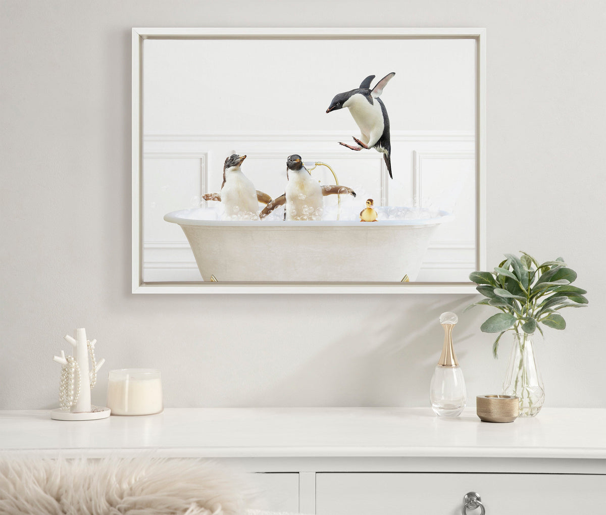 Sylvie Penguins In Bubble Bath Neutral Style Framed Canvas by Amy Peterson Art Studio