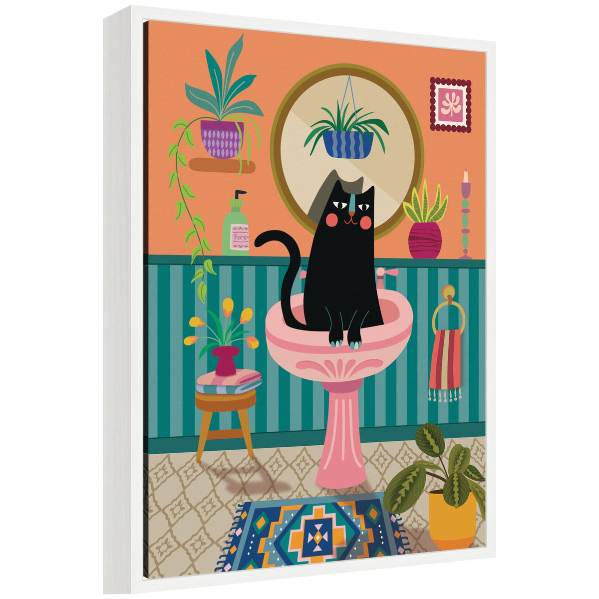 Black Cat Bathroom by Rachel Lee 3 Birdies Studio Framed Canvas Wall Art Print