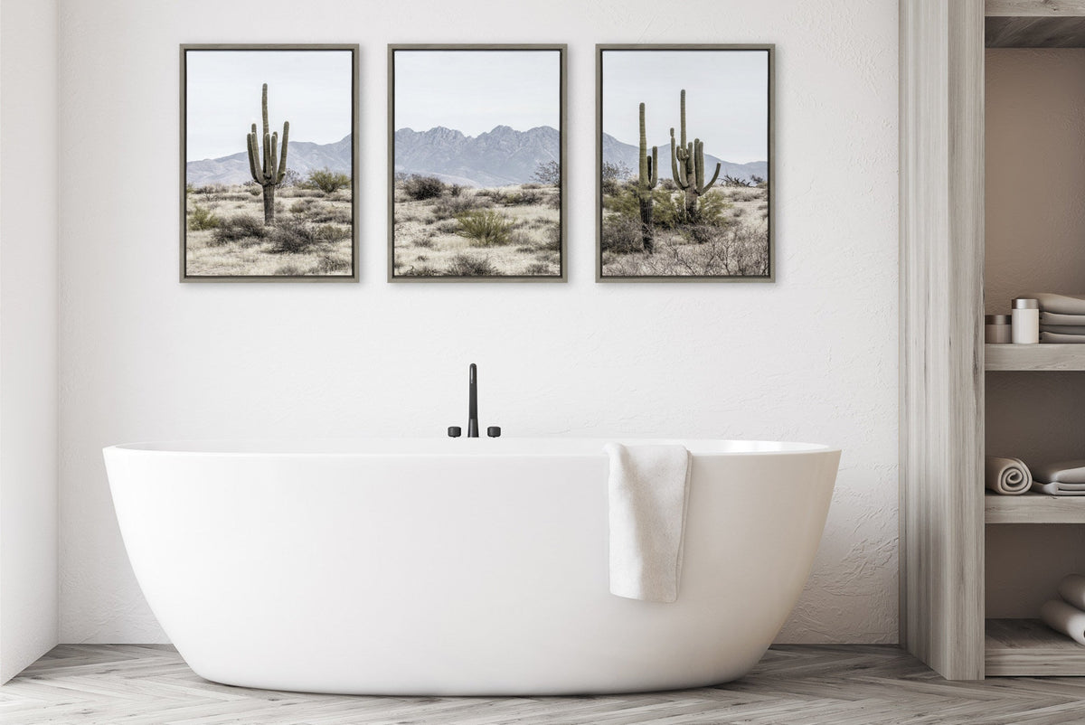 Sylvie Tall Saguaro Cacti Desert Mountain Left, Middle and Right Framed Canvas Set of 3 by The Creative Bunch Studio