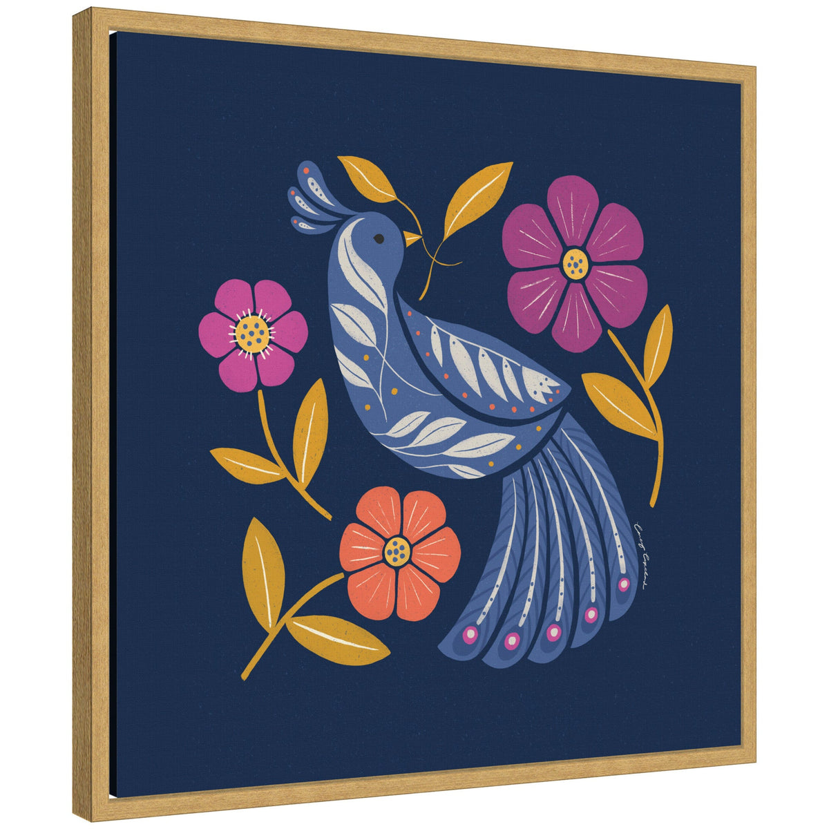 Sylvie Boho Folk Art Bird Blue and Gold Framed Canvas by Carey Copeland