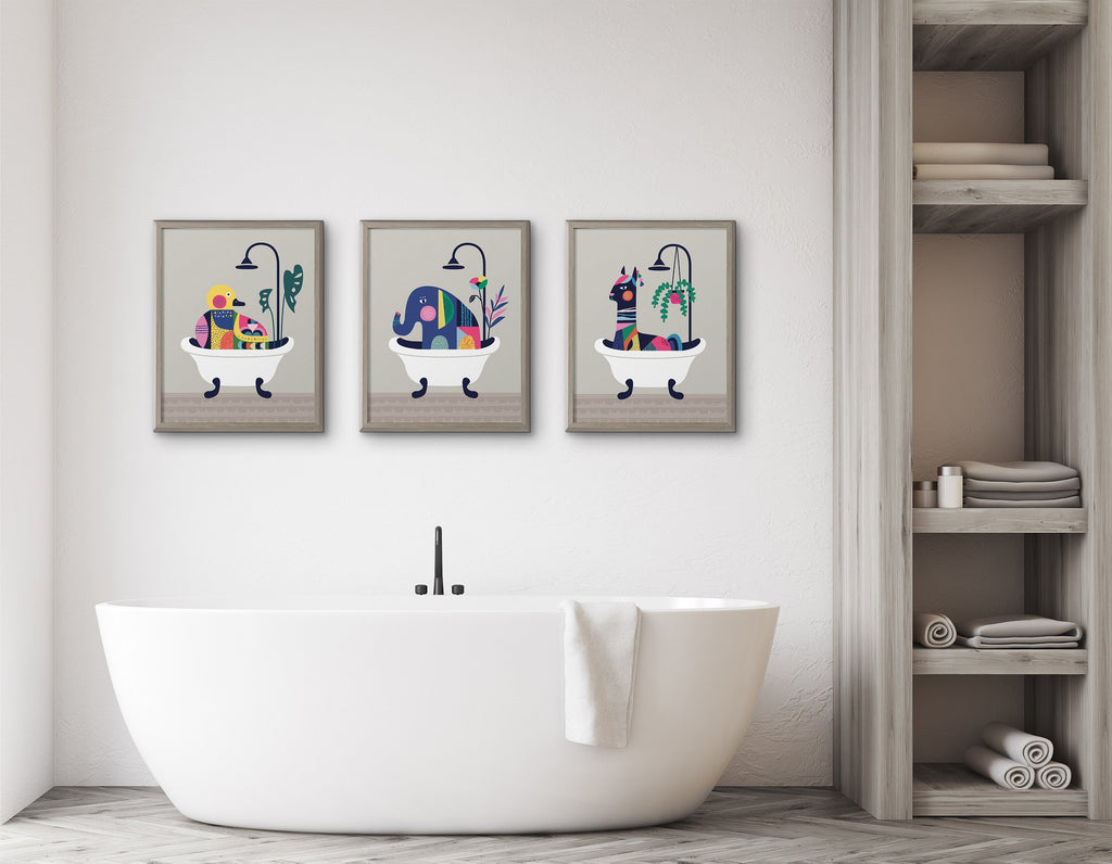 Blake Mid Century Modern Elephant in the Tub Framed Printed Glass by Rachel Lee of My Dream Wall