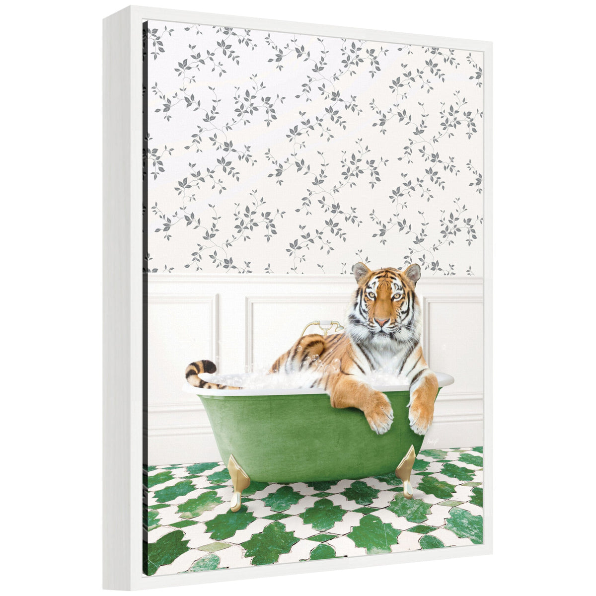 Sylvie Tiger in Eclectic Green Bathtub Framed Canvas by Amy Peterson