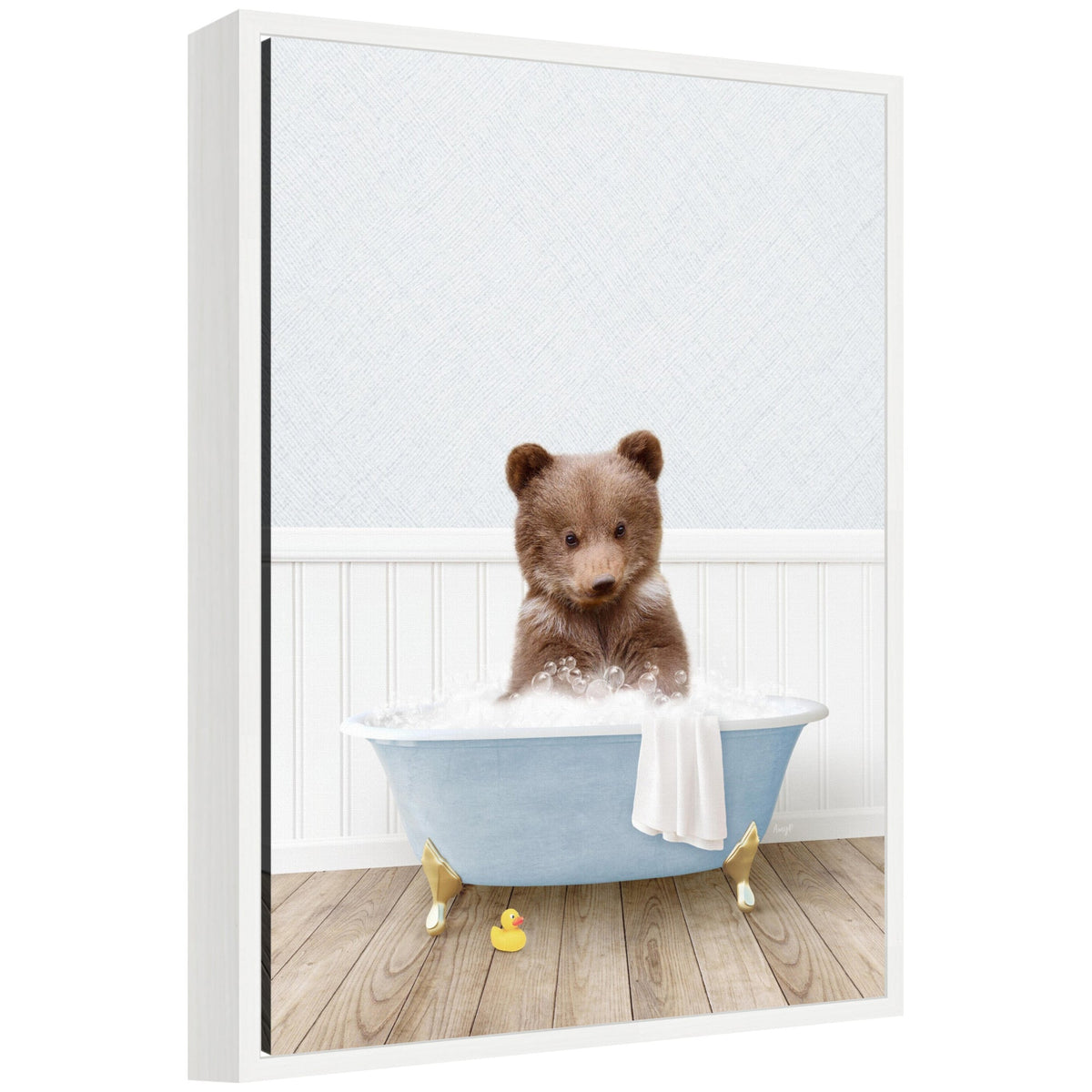 Sylvie Bear Cub in Cottage Blue Bathtub Framed Canvas by Amy Peterson