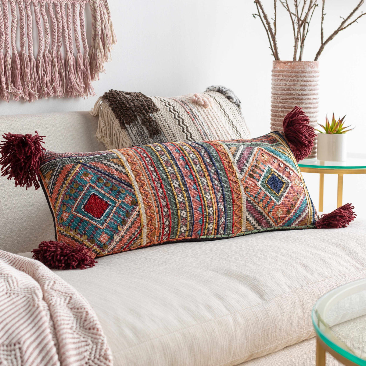 Lenorah Pink&White Textured Pillow Cover with Optional Insert