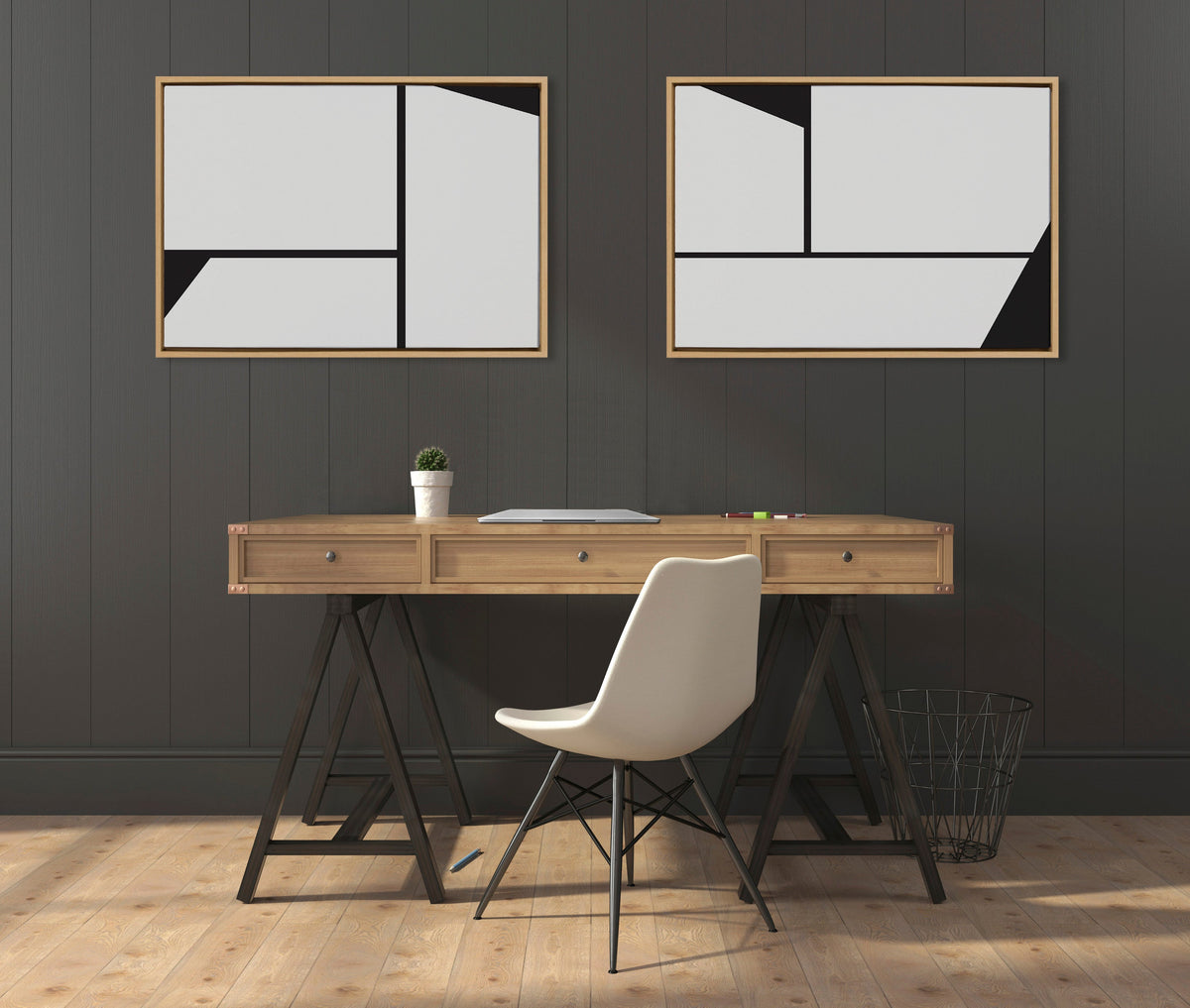 Sylvie Sleek Luxe Minimalist Black and White Abstract Framed Canvas Art Set of 2 by The Creative Bunch Studio