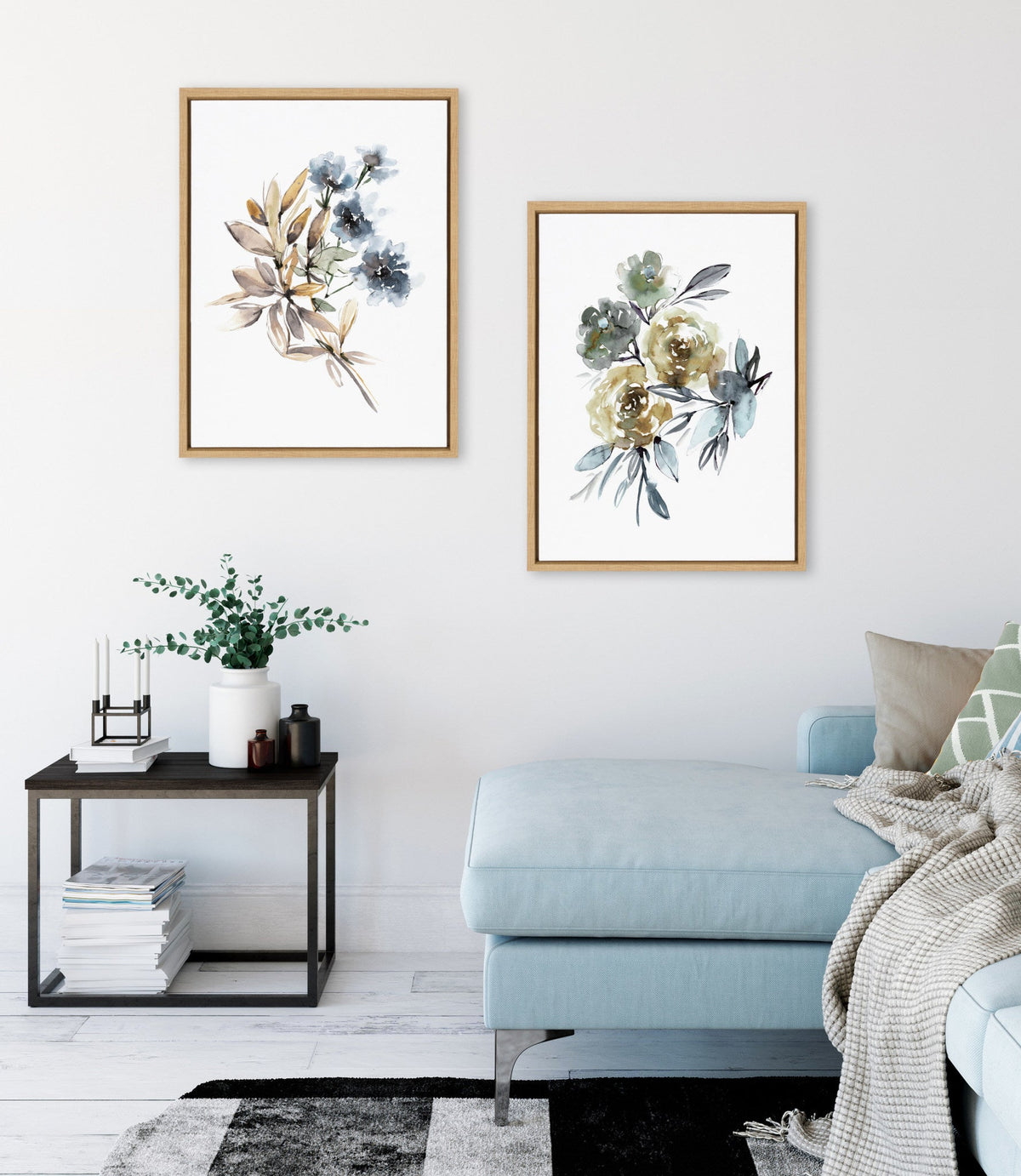 Sylvie Yellow Roses and Muted Blue Flowers Framed Canvas Art Set of 2 by Sara Berrenson