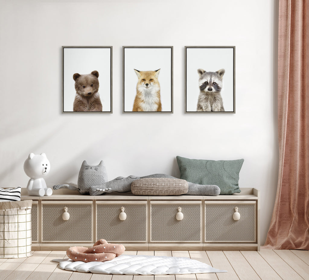 Sylvie Studio Bear, Studio Fox and Studio Raccoon Framed Canvas Set of 3 by Amy Peterson Art Studio
