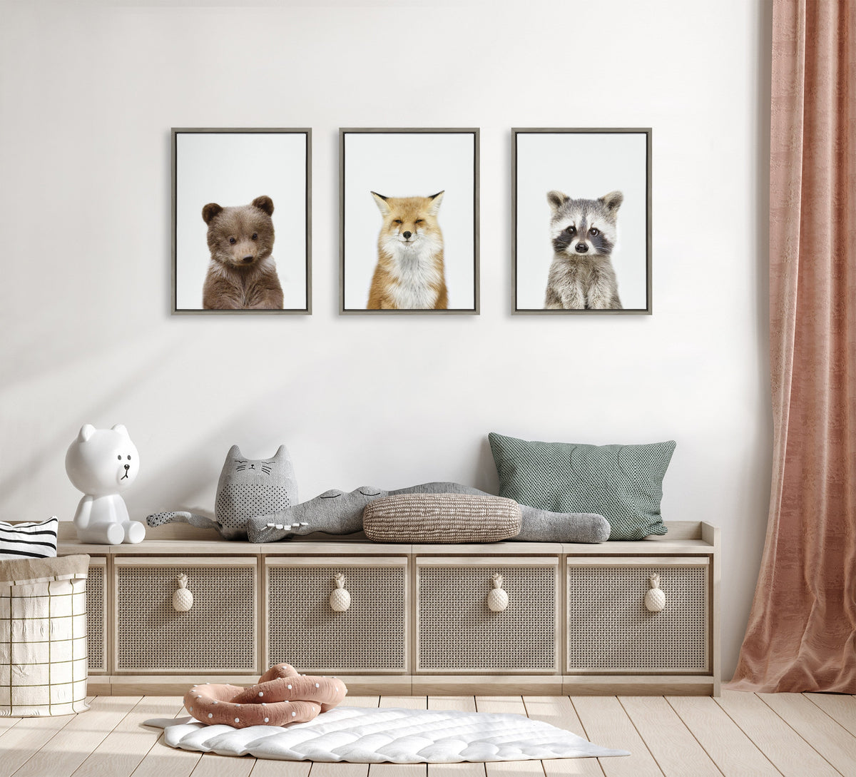 Sylvie Studio Bear, Studio Fox and Studio Raccoon Framed Canvas Set of 3 by Amy Peterson Art Studio