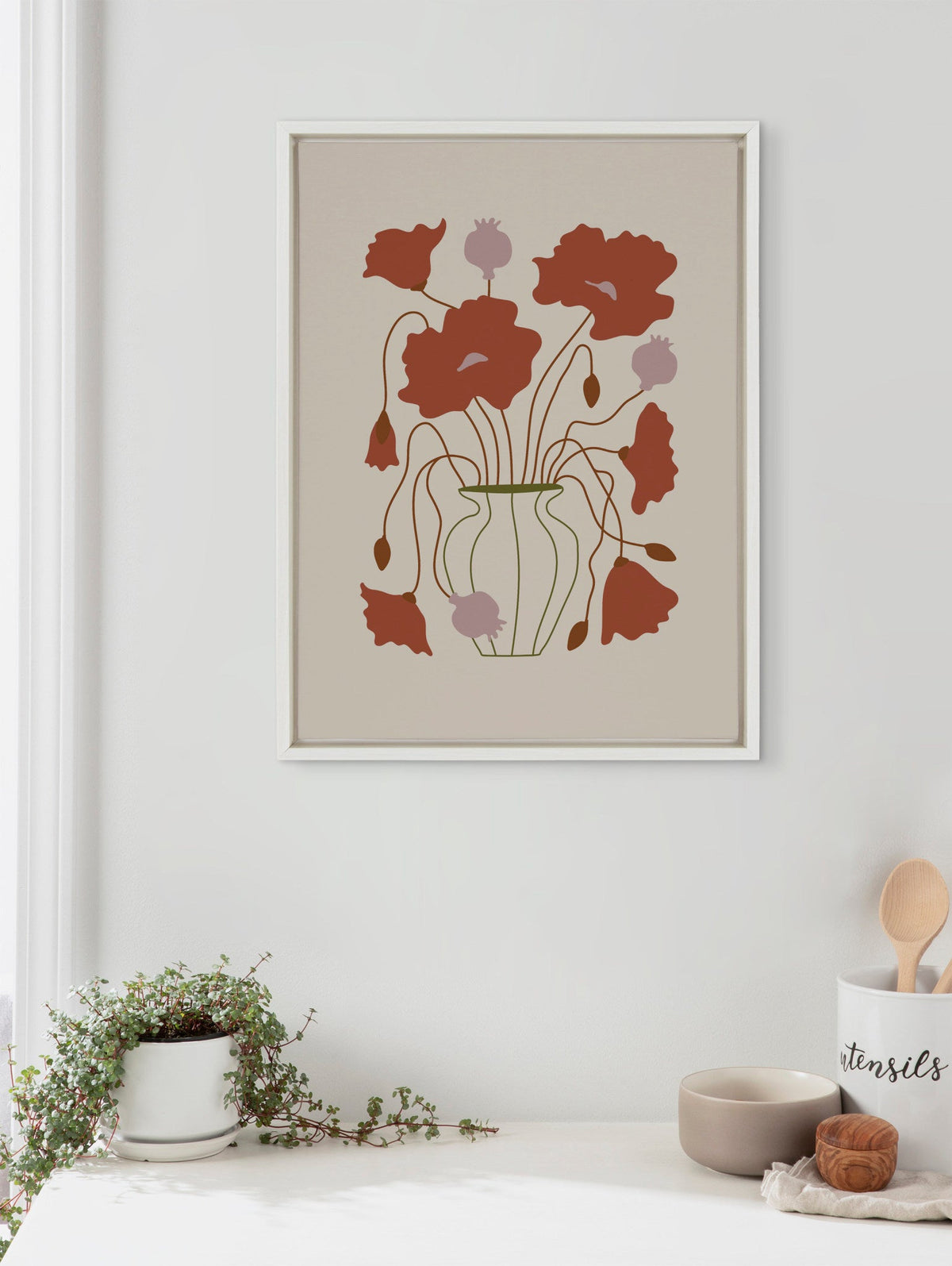 Sylvie Colorful Abstract Retro Floral Red and Pink Framed Canvas by The Creative Bunch Studio
